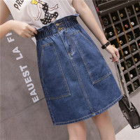 萱旎（XuanNi）牛仔短裙女2019夏季新款 胖mm200斤高腰花苞牛仔半身裙 OHPF3828 图片色 L