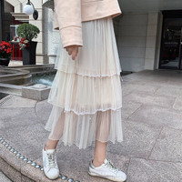 AUDDE 翱笛 春季新款女装新品半身裙女韩范手工亮片吊坠三层网纱蛋糕裙仙女半身裙子 HCAY3060 杏色 均码