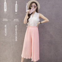 丽乔 2019春夏新款女装新品半身裙女雪纺裤木耳荷叶边休闲九分百褶直筒阔腿裤松紧腰 cchYSYS1079 粉红色 L