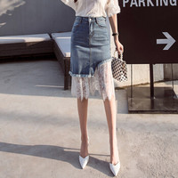 JIANZHI 简芷 春装新款韩版网纱拼接牛仔半身裙不规则短裙高腰显瘦A字休闲裙 FFYJCZG2UL106 蓝色 XL