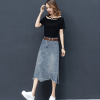 BANDALY 蹦跶狸 夏季新品女装半身裙牛仔裙高腰不规则a字一步裙中长款裙子 HZDF111-619 浅蓝色 M/27