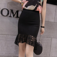 HMDIME 半身裙女春季新品 韩版小香风高腰大码弹力修身包臀裙蕾丝拼接不规则一步裙 GGSS3346 黑色 2XL