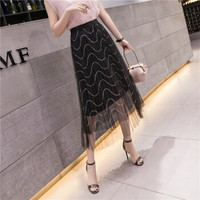 HMDIME 百褶网纱半身裙春夏新款 半身裙女中长款纱裙 GGSS1829 黑色 XL