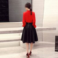 MILANYIN 米兰茵 春季新款圆领长袖纯色圆领上衣+褶皱半身裙两件套 ML19222 红+黑 XL