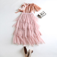 AUDDE 2019春季新款女装新品半身裙女清新甜美蛋糕裙网纱中长款蕾丝蓬蓬仙女裙 GZWH8608 粉色 均码