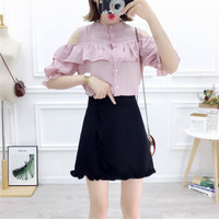 HMDIME 套装女夏装新品 露肩荷叶边T恤花边木耳边半身裙优雅休闲甜美 MSFS9576 粉衣+黑裙 S