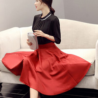 MILANYIN 米兰茵 春季新款圆领长袖纯色圆领上衣+褶皱半身裙两件套 ML19222 黑+红 XL