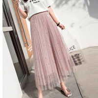 薇图（vitto）女装 2019年夏季纱裙百褶高腰网纱A字超仙中长款半身裙 xbVT513 粉色 均码