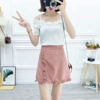 HMDIME 小个子套装女夏装新品 露肩吊带针织花边半身裙网红超火甜美气质 MSFS9776 白衣+粉裙 S