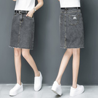 AUDDE 2019夏季新款女装新品牛仔半身裙女高腰显瘦开叉一步裙毛边开叉包臀a字裙 HZD09-8959 烟灰色 L