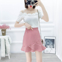 HMDIME 鱼尾半身裙女甜美初恋套装夏季新品 小香风韩一字领立体针织衫格子裙 MSFS9782 单红裙 L