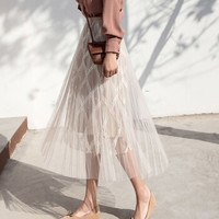 薇图（vitto）女装 2019年夏季百褶高腰网纱A字裙仙女中长款百搭半身裙 xbVT515 杏色 均码