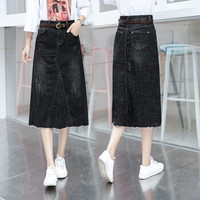 BANDALY 蹦跶狸 春季新款女装新品半身裙女韩版时尚高腰牛仔中长款百搭毛边A字裙 HZDF111-6633 黑色 30