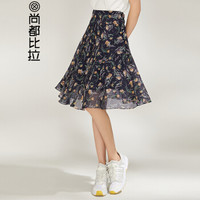 尚都比拉（Sentubila） 高腰显瘦印花雪纺裙2019春季新品时尚通勤 191Q0324684 藏蓝底花色 M