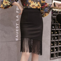 Sum Rayleigh 新薇丽 性感简约包臀裙 春季新款韩版拼接流苏修身显瘦半身裙 GGSS3337 黑色 M