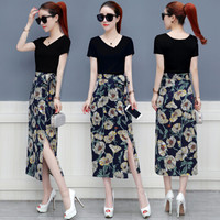 丽乔 2019夏季新款半身裙女中长款宽松气质雪纺碎花开叉裙子两件套装 zx5359-1550 黑色衣+树叶花 XXL