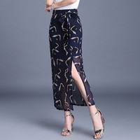 她池女装春装新款雪纺长裙半身裙女夏高腰开叉韩版印花一片式系带包臀裙裹裙T91Z0016A89S  藏蓝色 S