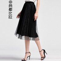 尚都比拉 丝绒半身裙2019年春季新款中长裙韩版纱裙女士a字裙百褶裙 W81Q1619886 黑色 S