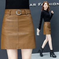 丽乔 2019春夏新款女装新品新品半身裙女港味pu小皮裙高腰ins超火的A字包臀休闲短裙 GZZ92015 卡其色 S