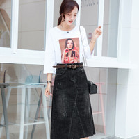 BANDALY 蹦跶狸 夏季新品女装半身裙黑色韩版修身中长款A字毛边牛仔裙一步裙 HZDF111-663 黑色 28/L