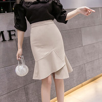 薇图（vitto）女装 2019年夏高腰chic中长款不规则包臀纯色鱼尾半身裙 xbVT508 杏色 L