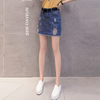 JIANZHI 简芷 春夏新款毛边破洞牛仔半身裙短裙A字包臀裙子 DYFSCZG2UL719 深蓝色 S