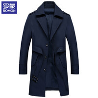 罗蒙(ROMON)风衣男 2019春秋新款时尚翻领舒适修身商务休闲中长款外套男装 9JK948606 藏青 190