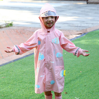 hugmii儿童雨衣男童女童卡通趣味遇水变色小学生透明帽檐雨披 粉色小鱼 L