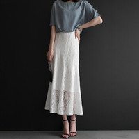 她池春装女新款纯色淑女气质蕾丝A字大摆高腰半身裙修身长裙 T91Z0218A7M  白色 M