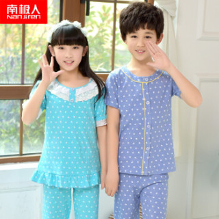 南极人(Nanjiren)儿童家居服男童女童短袖睡衣夏季薄款中大童衣服可爱卡通款 女童短袖天蓝爪印 120