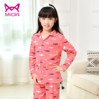 猫人(MiiOW)儿童睡衣纯棉长袖短袖春夏季女孩中大童童装家居服套装 粉色小鱼 170