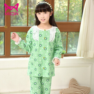 猫人（MiiOW）儿童睡衣纯棉长袖短袖春夏季女孩中大童童装家居服套装 绿色花朵 130