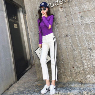 莉夏乐 2019夏季新品韩版女装牛仔裤侧面撞色条纹拼接不规则裤脚牛仔裤九分裤 cchLH1858 白色 27