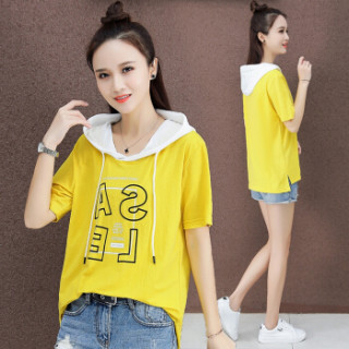 莉夏乐 2019夏装新品卫衣女装短袖韩版休闲慵懒风宽松潮款连帽时尚百搭上衣 HZ1000-806 黄色 L