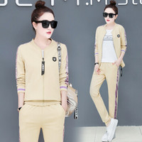 AUDDE 2019春季新款女装新品卫衣女运动套装女三件套时尚韩版刺绣宽松休闲服 zx2A001-353 卡其色 L