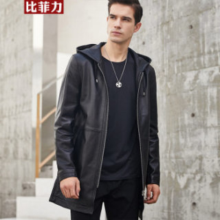 比菲力(BEVERRY)2018秋季新款中长款皮风衣男防风连帽修身皮夹克青年绵羊皮衣外套潮 ZYPY016 黑色 XXXL