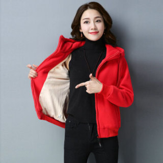 BANDALY 2018冬季新款女装新品卫衣女加绒厚连帽外套韩版宽松短款开衫潮 zx5D269-8239 大红色 XXL