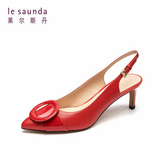 le saunda 莱尔斯丹 尖头浅口细高跟装饰扣后空套脚时尚优雅凉鞋女 LS AM56338 红色 35