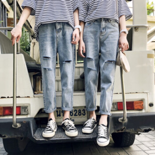 BANDALY 2019夏季新款女装新品牛仔裤情侣九分chic韩版小直筒牛仔裤潮 yzC310-K167 浅蓝色 男L