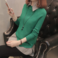 亚瑟魔衣针织衫韩版宽松衬衫领假两件毛衣SH-0121 绿色 均码