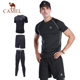 CAMEL 骆驼 男款训练服紧身衣健身套装三件套男运动跑步速干健身房 C8S2R9683 黑色 XL