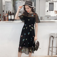朗悦女装 2019夏季新款韩版黑色网纱短袖 连衣裙刺绣花朵复古两件套 LWQZ183410 黑色 S