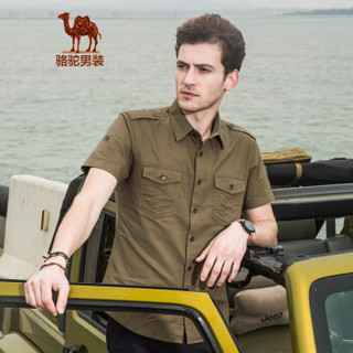 骆驼（CAMEL）男装 时尚纯色尖领日常休闲短袖衬衫男 SE6258008 军绿43