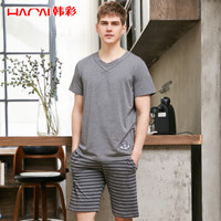 韩彩(HACAI)睡衣男 纯棉v领短袖五分裤休闲家居服套装 深麻灰(徽章款) 165/90(M)