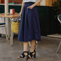 INMAN 茵曼 夏装双兜木耳边松紧腰百搭伞裙中长裙百褶裙半身裙女 18821|10037 宝蓝色 L