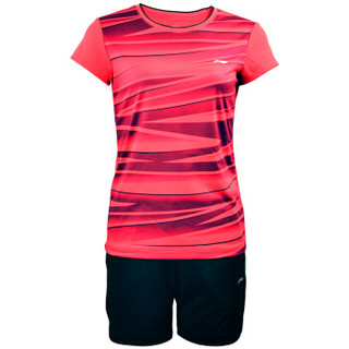 LI-NING 李宁 羽毛球服套装女款跑步透气T恤运动足球服短裤 AATM006-2 荧光焰红 XL