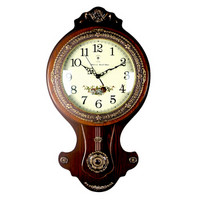 POLARIS 北极星 挂钟 客厅创意石英钟表复古时钟卧室木质艺术挂表雕花摆钟 1504棕