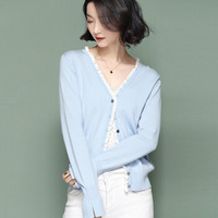 朗悦女装 长袖开衫女2019春季新款新款花边撞色针织开衫优雅长袖短外套LWYC187313 浅蓝色 L