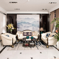 中伟ZHONGWEI欧式沙发 牛皮实木沙发 客厅实木雕花沙发组合1+2+3