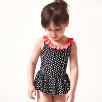 弈姿儿童泳衣 女童宝宝婴童连体裙式游泳衣 小童可爱荷叶边温泉泳装 EZI18G026 黑白波点 120cm